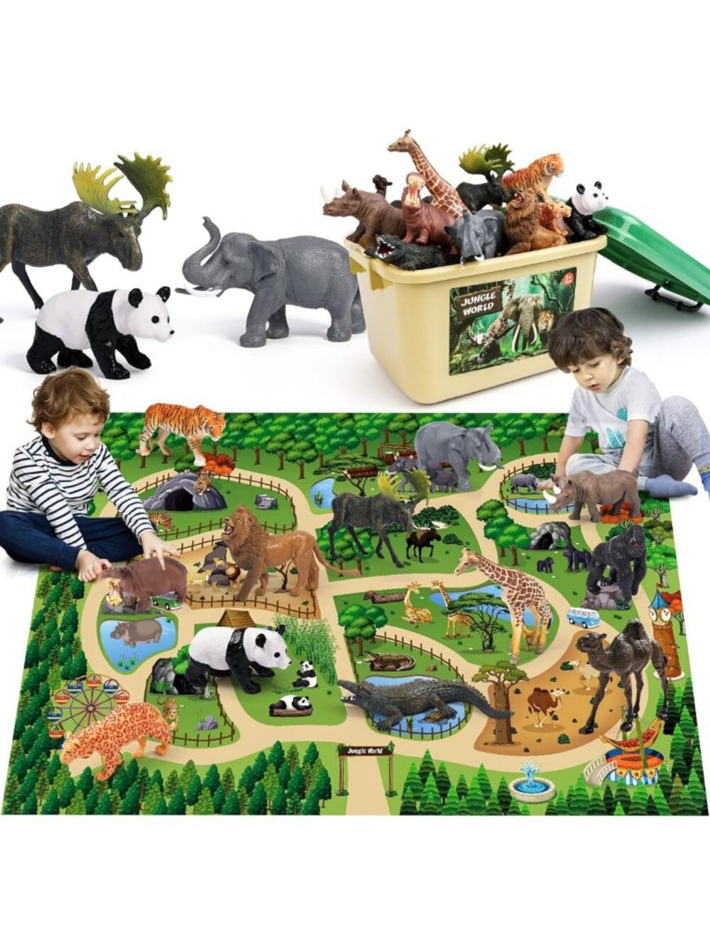 Safari Animal Figures Set with 57"x38.5" Play Mat for Toddlers Ages 3-5